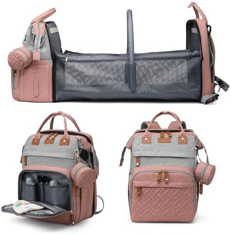 Jeryswet Baby Diaper Bags with Changing Station, Waterproof Large Capacity Diaper Bag Backpack for Moms Dads with USB Charging Port and Stroller Straps, Baby Shower Gifts, Pink-Grey by JeryswetDiaperBag