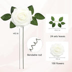 100 PCS White Artificial Flowers Realistic Roses - Real Looking Fake Roses with Bentable Stem for DIY Wedding Bouquets Centerpieces Bridal Shower Party Home Romantic Decorations (White) - Image 2