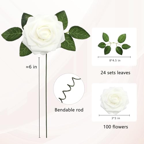 100 PCS White Artificial Flowers Realistic Roses - Real Looking Fake Roses with Bentable Stem for DIY Wedding Bouquets Centerpieces Bridal Shower Party Home Romantic Decorations (White) - Image 2