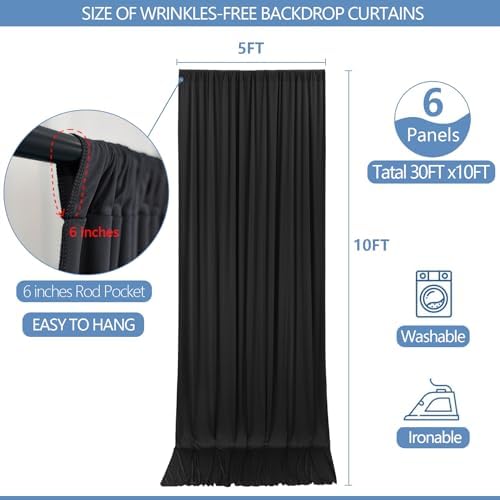 30x10ft Wrinkle Free Black Backdrop Curtain for Parties Soft Fabric Drapes Wedding Black Curtain Backdrop for Birthday Party Decorations Background for Photography 5x10ft, 6 Panels - Image 3
