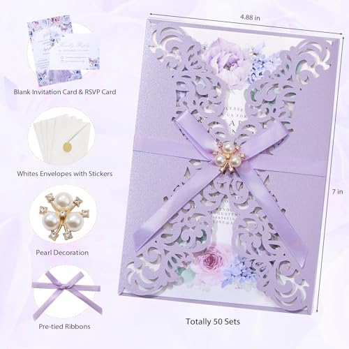 50pcs Purple Wedding Invitations with Envelopes and Rsvp Cards Luxury Pearl - Image 2