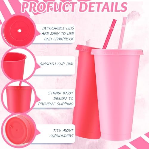 Skylety 24 Pcs Hot Pink Plastic Cups with Lids and Straws 24 oz - Image 3