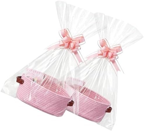 Empty Gift Basket Kit, 2-Pack Woven Storage Bin with Leather Handles Clear Cello Bags Pull Bows for Wrapping Presents Baby Shower Holiday - Image 6