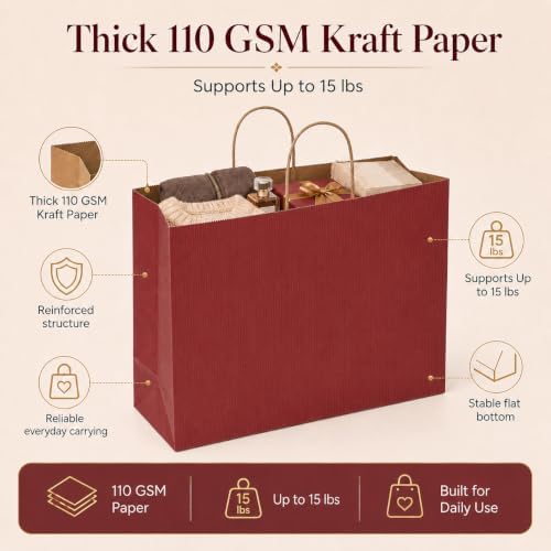 METRONIC Red Large Paper Gift Bags with Handles 16 x 6 x 12 Inch, 50 Pack - Image 5