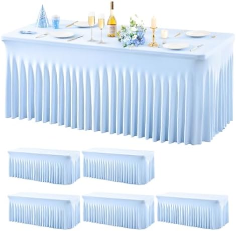 Wish Care 6 Pack Baby Blue Spandex Table Clothes for 8 Foot Rectangle Tables, 8FT Wrinkle Free Fitted Tablecloths Ruffles Design Table Cover for Party, Banquet, Wedding and Events by WishCare