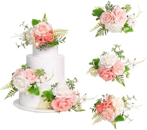 TINGE TIME 3Pcs Pre-made Cake Toppers，Silk Artificial Flowers Decor，Cake Decorations for Weddings, Birthdays, Party,Baby Shower,Celebration (PeachPink&White) - Image 2