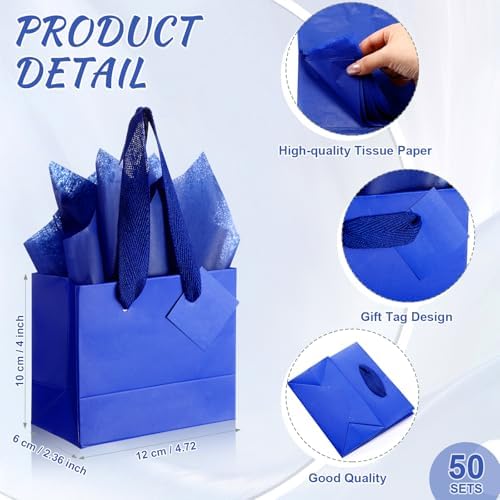 Qilery 50 Pcs Wedding Paper Gift Bags Bulk with Tissue Paper Small Gift Bags with Handle and Tags for Birthday Wedding 4th of July Party Business(Dark Blue,4.7 x 2.4 x 3.9'') - Image 2