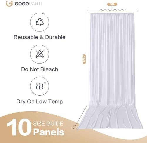 50x16ft White Backdrop Curtains for Wedding Party, 10 Panels 16 ft Long Back Drop Cloth, Wrinkle-Free Polyester Drapes for Birthday, Baby Shower, Stage Photography Background - Image 6