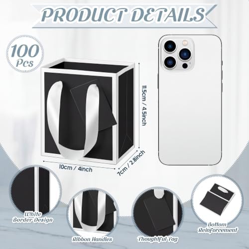 Yeaqee 100 Pcs Mini Paper Gift Bags with Handles Tag, Black,White - Image 2