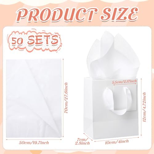 Qilery 50 Pcs Wedding Paper Gift Bags Bulk with Tissue Paper Small Gift Bags with Handle and Tags for Birthday Wedding 4th of July Party Business(White,4.7 x 2.4 x 3.9'') - Image 2