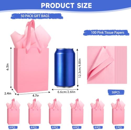 Ethhqu 50 Pack Small Pink Gift Bags with Handles & 100 Tissue Paper - Image 2