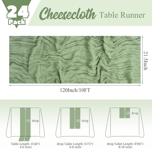 24 Pack Sage Green Table Runner 10Ft Cheesecloth Table Runner Rustic Gauze Table Runners Romantic Long Sage Sheer Fabric Cheese Cloth Table Runners for Wedding Party Bridal Baby Shower - Image 2