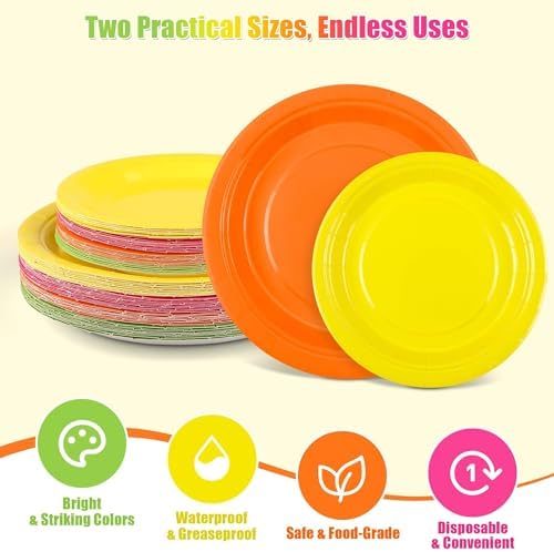 Kochorie 350 Pieces Neon Dinnerware Set, 7 & 9 inch Dessert Paper Plates Cups Napkins Plastic Cutlery Disposable Party Supplies for Neon Glow Party Birthday Baby Shower Wedding, Serve 50 Guests - Image 3