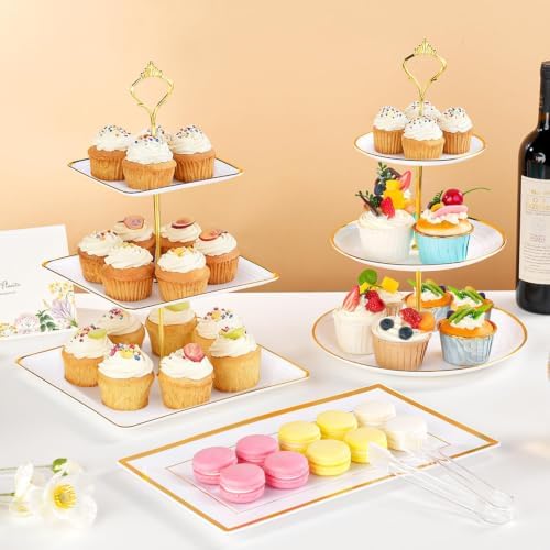 13 Pcs Dessert Display Set, 6 3-Tier Cupcake Stands, 4 Trays & 3 Tongs - Image 2