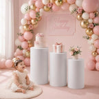 HAISIWLKJ 3PCS Cylinder Pedestal Stands for Parties, White Metal Round Cylinder Plinths Dessert Table Display Pillars for Birthday Wedding Bridal Baby Shower Party Decorations(Small) - Image 3