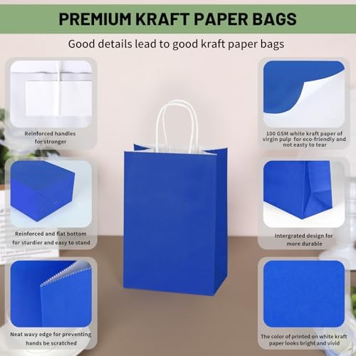 Mlyta 100 Pack 5.25x3.25x8.5 Inch Small Royal Blue Kraft Paper Gift Bags with Handles Bulk for Goodie Party Favor Brithday Grocery Shopping Business Wedding Retail Craft Treat To Go, Merchandise Sacks - Image 4