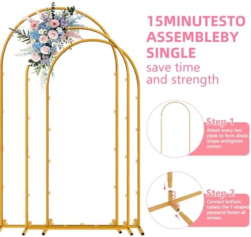 Wedding Arch Backdrop Stand, Gold Metal, Set of 3, 7.2FT, 6.6FT, 6FT, for Party, Bridal Shower, Floral Balloon Decoration - Image 5