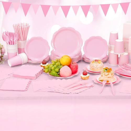 Funnymoom 452 Pcs Pink Party Supplies for 50 Guests, Light Pink Scalloped Paper Plates Napkins Cups Plastic Tablecloth Cutlery Straws for Baby Bridal Shower, Birthday Wedding Party Decoration - Image 4