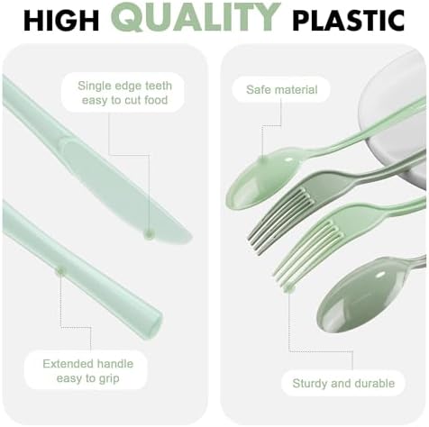 Kochorie 300 Pieces Sage Green Plastic Silverware with Spoons Forks Knives - Image 3