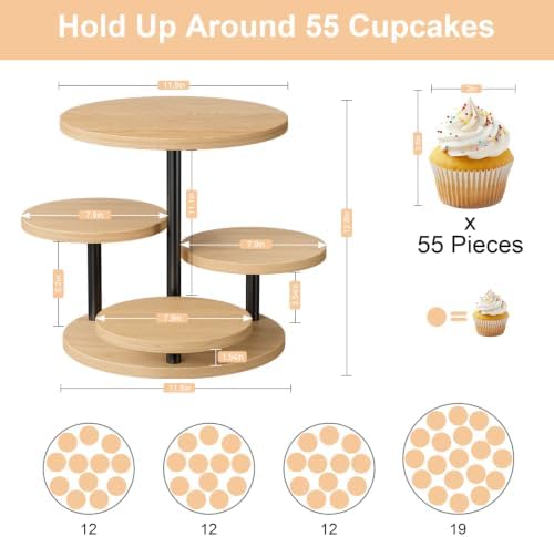Cake Stand for 50 Cupcakes 360°Rotating Wooden Cupcake Display Stand Round Cookie Stands 4 Tiered Tray Stand for Parties Birthday Wedding Baby Shower Afternoon Tea Dessert Table, Oak - Image 3
