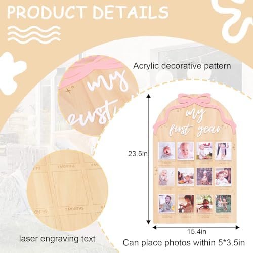 Wood First Year Monthly Photo Board for Girls - Bow Theme Birthday Decorations, My First Year Milestone Board, 12 Months Photo Display, Ribbon Bow Party Decor - Image 2