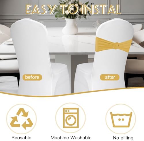 100PCS Spandex Stretch Gold Chair Sashes Bows Universal Elastic Chair Cover Bands Ties with Buckle Slider for Wedding Party Birthday Reception Event Banquet Decoration(Gold) - Image 6