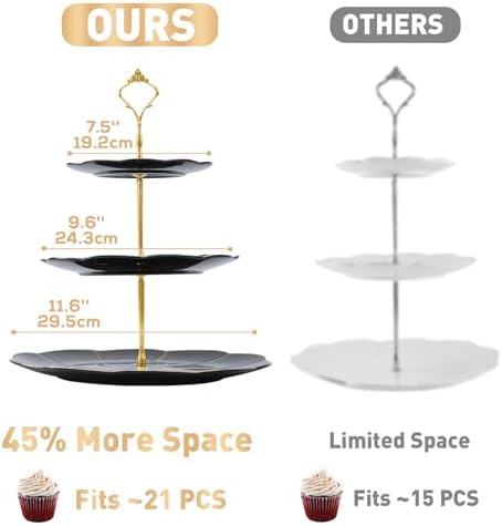DUJUST Luxury Larger 3-Tier Cupcake Stand Tower, British Style Porcelain Serving Tray with Golden Trim, Food Grade Dessert Display Stand for Tea Party & Home Décor - 45% Black Larger Plates - Image 5