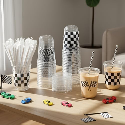 LemonRoad 100sets 16oz Checkered Flag Cups Race Car Birthday Party Decorations Supplies Plastic Cups Disposable with Lids and Straws for Racing Party Christmas Birthday Wedding Baby Shower Decoration - Image 2