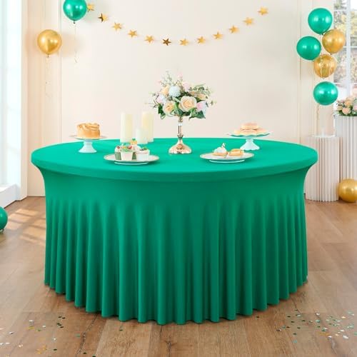 6 Pack Emerald Green Spandex Round Tablecloths for 72 Inch Table, Stretchy 132 Inch Fitted 6FT Cloths, Wrinkle Free Cover With Skirt for Wedding Party Dining Banquet - Image 6