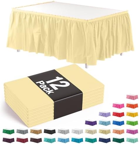 Exquisite Light Yellow Table Skirt 12 Pack - Disposable Plastic Table Skirts for Rectangle Tables 6ft 8ft & Round Tables - 29in x 14ft Self-Adhesive Strip - Birthday Wedding Gender Reveal Decor by Exquisite