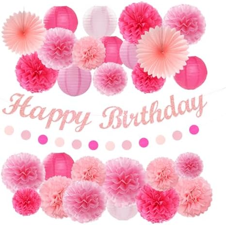 Light-Hot Pink Party-Decorations Paper-Flowers Lanterns - 29pcs Happy Banner Girl Birthday Decor Tissue Pom Poms Streamers, Bridal Baby Shower Wedding Bachelorette Valentine Hanging Supplies Hugfond by Hugfond