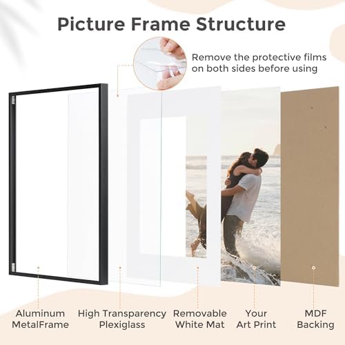 FLYJOE 12x12 Frame - Metal Square Picture Frame With Plexiglass 12x12 Frame With Mat for 8x8 Minimalist Modern Poster Frame Hanging Hardware Included (Black, 3Pcs) - Image 4
