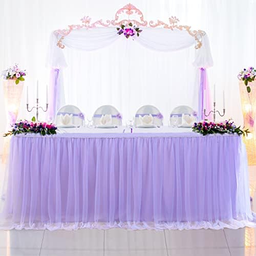 167in Lavender Tulle Table Skirts for Rectangle Tables 6/8ft, 2-Layer Gold Grim Lilac Purple Ruffle Tulle Tutu Cloth Table Skirt 14ft for Mermaid Birthday Party Baby Shower Dessert(No Table Cover) - Image 5