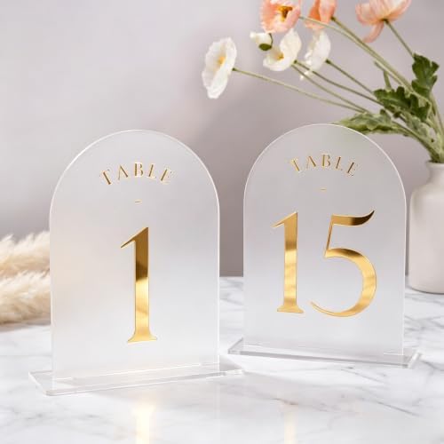 UNIQOOO Frosted Arch Wedding Table Numbers 1-15 w/Stands, Gold Foil Printed 5x7 Acrylic Display Signs &Holders, Pack of 15, Perfect for Centerpiece, Reception, Decoration, Party, Anniversary, Event by UNIQOOO