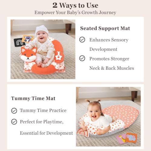 4 in 1 Tummy Time Mat with Educational Cards, Play Mat & Sitting Support for Newborn 0-12 Months, Infant Baby Sit Me Up Floor Seat, Sensory Skills Gifts, Fox - Image 2