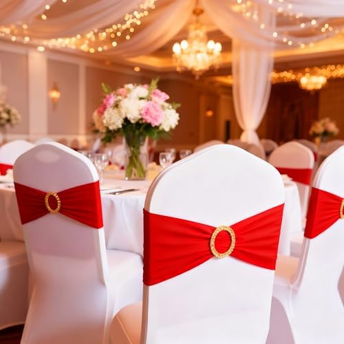 Pack of 50 Spandex Red Chair Sashes with Gold Buckles, Stretch Chairs Sashes for Wedding Party Baby Shower Ceremony Event Decorations Chair Bands Bows (Red Sashes, Gold Buckles) - Image 5
