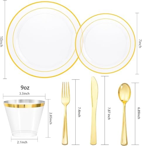 bUCLA 300Pcs Clear Gold Plastic Disposable Dinnerware Set - Clear Plates with Gold Trim Include 50 Dinner / 50 Dessert Plates,50 Cups,150 Plastic Silverware Set for Party - Image 2