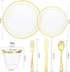 bUCLA 150Pcs Clear Gold Plastic Dinnerware Set - Clear and Gold Disposable Plates Include 25 Dinner / 25 Dessert Plates,25 Knives,25 Forks,25 Spoons,25 Cups for Party - Image 2