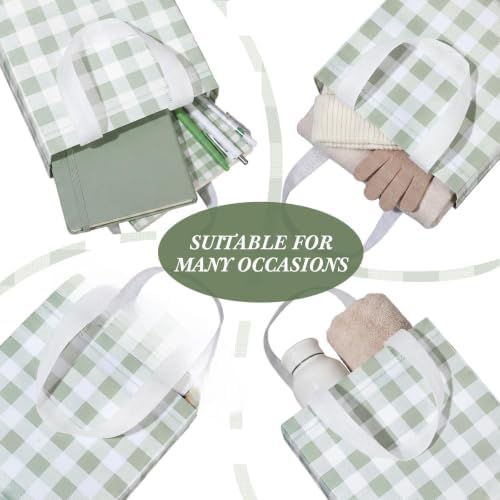 Lingvee 50 Pack Gingham Gift Bag Bulk Sage Green and White Theme Plaid Reusable Tote Bags with Handle Non Woven Candy Bags for Checkered Themed Birthday Baby Shower Party Decorations Supplies - Image 6