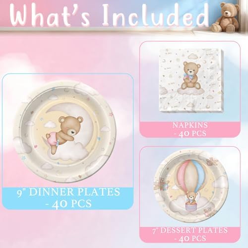 Teddy Bear Gender Reveal Baby Shower Decorations for 40 Guests, We Can Bearly Wait Baby Shower Plates and Napkins Set, Pink Blue Bear Party Supplies, Neutral Baby Shower Tableware Decor - Image 2