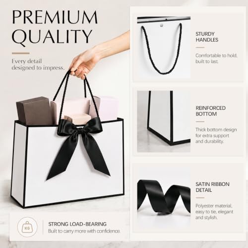 Silkfly 24 Pcs Paper Gift Bags with Handles & Bow Ribbon, White, Black - Image 3