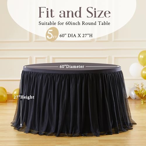 HB HBB MAGIC Black Round Tablecloths 60 inch Stretchy Elastic Fitted Round Table Cloths Round Cover 120 inch, Black Round Tulle Tablecloth Tulle Table Cloth with Skirt for Wedding Birthday Party - Image 4