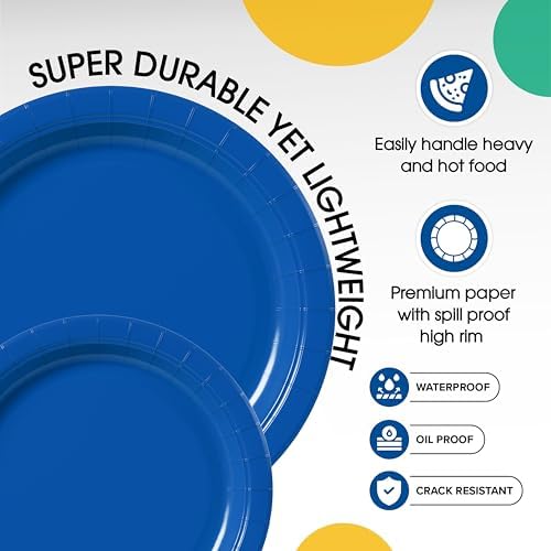 Party Solids Exquisite Dark Blue Paper Plates Disposable Heavy Duty 200 Pcs - 100-7" & 100-9" Dark Blue Disposable Plates For Party Heavy Duty 350 GSM For Birthday Supplies - Image 4