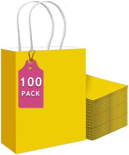 qiqee 100PCS Gift Bag with Handles Bulk Bright Yellow Paper Bags Multiple Uses (13''x5 x10 inch Large Size) by Qiqee