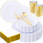 LIYH 210 Pcs Gold Scalloped Plastic Dinnerware Set 30 Guests - White Gold by LIYHLoveinyourheart
