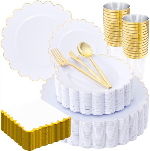 LIYH 210 Pcs Gold Scalloped Plastic Dinnerware Set 30 Guests - White Gold by LIYHLoveinyourheart
