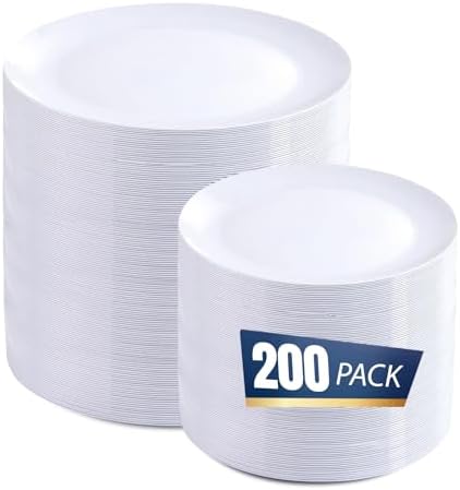 bUCLA 200PCS White Plastic Plates - Heavy Duty White Disposable Include 100 Dinner 10inch & 100 Dessert 7inch Plates, Ideal for Wedding&Party by BUCLA