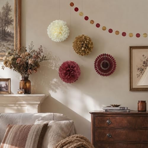 ANSOMO Burgundy and Gold Party Decorations Maroon Wine Dark Red Paper Fans Lanterns Tissue Pom Poms Wall Hanging Decor Supplies Bridal Baby Shower Birthday Wedding Graduation (Pack of 3) - Image 6