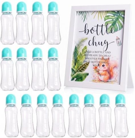 Funny Bottle Chug Baby Shower Drinking Game for 15 Guests, Includes 15 Pack 8.5oz Baby Bottles with Nipples & Standing Wood Framed Sign, Western Cowboy Baby Shower Favors & Party Activities(Wathet) by Unknown