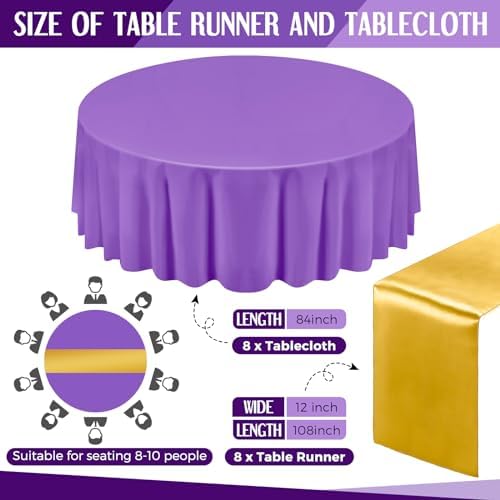 Tudomro 16 Pcs Purple and Gold Round Tablecloth and Satin Runner Set - Image 2